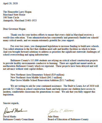 Marks & Henn Ask Gov. Hogan for School Funding in Letter
